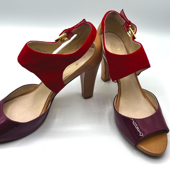 Kate spade open toe tan heels with red suede and purple patent leather size 7M - Picture 9 of 9